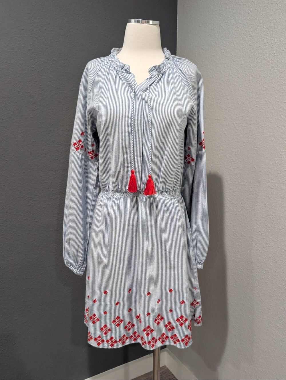 Club Monaco Blue & White Striped Embroidered Tunic Dress - 100% Cotton, Size 4